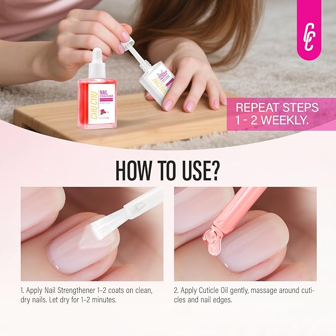 2 in 1 Nail Strengthener and Rose Cuticle Oil Set: Clear Nail Hardener Polish Extra Strong and Growth - Repair Brittle Damaged Dry Nail and Cuticle - for Women Beginner Home Salon Gift