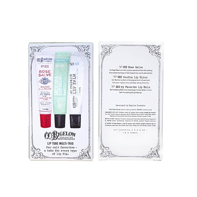 C.O. Bigelow Assorted Lip Balm Tubes Trio, Rose Salve, My Favorite Lip Balm, & Mentha Shine, Pack of 3 Lip Care Set, 0.5 oz
