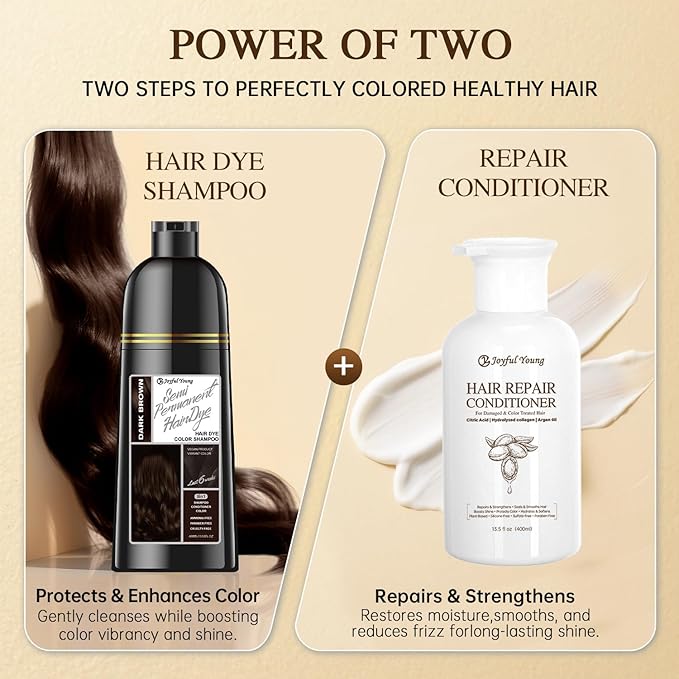 Hair Dye Shampoo 3-in-1 Vegan Color for Gray Hair - Ammonia-Free for Men & Women – Beard & Hair Coloring – Instant Gray Coverage Champú Para Canas Mujer & Hombre (DARK BROWN)