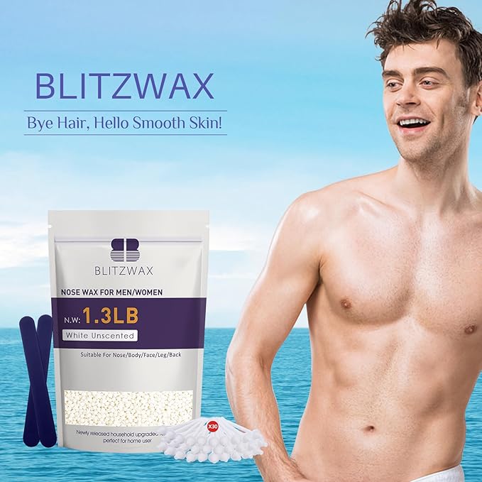 BLITZWAX Hair Removal Hard Wax Beads Unscented 1.3lb Waxing Beans Kit with 30 Nose Waxing Sticks for Sensitive Skin, Face, Back, Body, Brazilian and Coarse Hair, Home Wax Pearls for Men Women, White