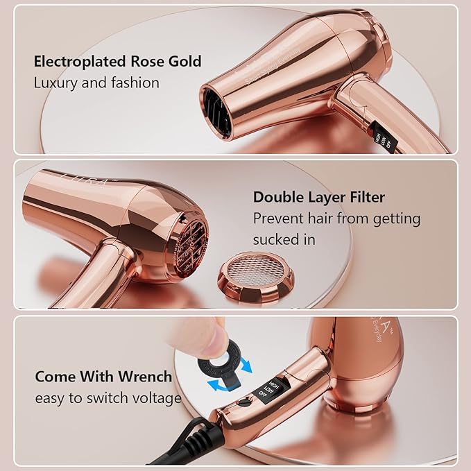 LURA Dual Voltage Travel Hair Dryer with Diffuser,Travel Blow Dryer Mini with EU Plug and UK Plug,Lightweight Portable Hairdryers with Folding Handle,1200W Compact Small Blowdryers for Women