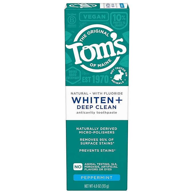 Tom's of Maine Whiten Plus Deep Clean Whitening Toothpaste, Natural Whitening Toothpaste with Plant-Based Cleansers, Enamel Safe, Whitens Without Causing Sensitivity, Peppermint, 4.0 oz (Pack of 3)