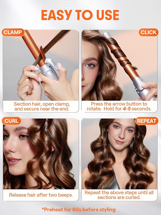 SHEGLAM Rotating Curling Iron Extra Long, Curl Cycle, 1 Inch Automatic Curling Wand for Long Hair, Self Spinning Barrel up to 430°F, Dual Voltage