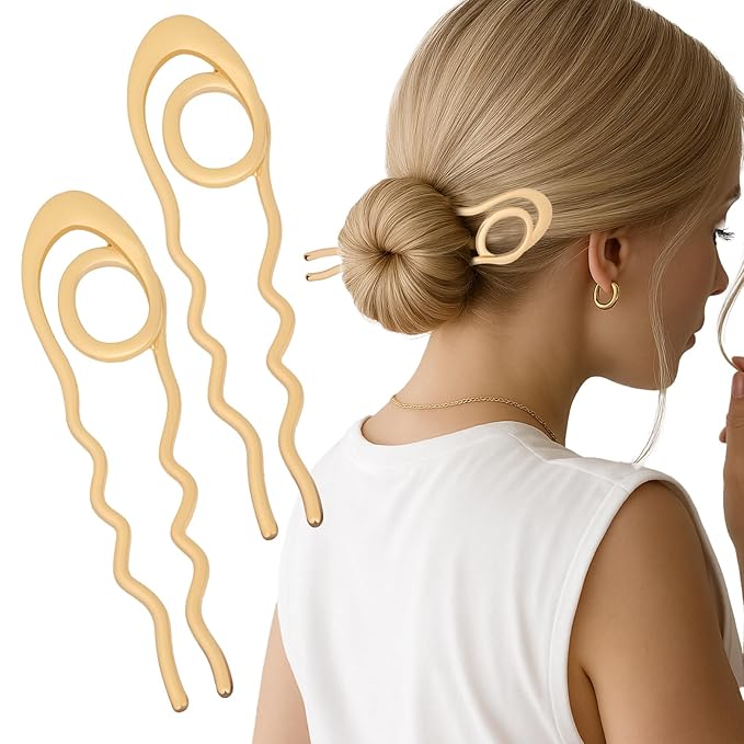 2PCS French Hair Pins Large U-Shaped Pins for Women and Girls Fashion Metal Hair Pin French Twist Hair Pins for Buns, Updos,Stylish and Functional(set7-gold)