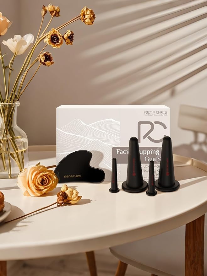 Rena Chris Facial Cupping Set & Gua Sha Facial Tool - Silicone Cupping Set & Obsidian Gua Sha Stone - Face Cupping Therapy Set for Natural Skin Care, Puffiness, Lip Plumping(Black)