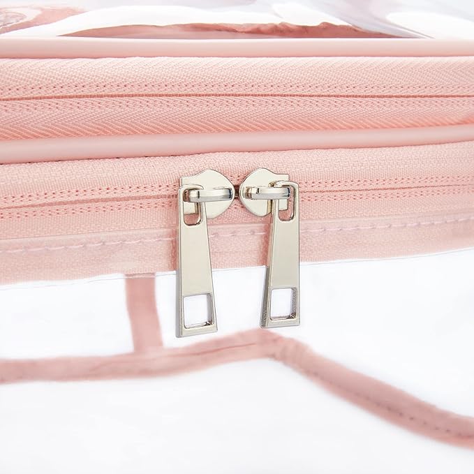 Double Layer Clear Cosmetic Bag Makeup Bag, Waterproof Travel Toiletry Bag, Transparent PVC Hair & Nail Accessories Pouch Beach Bag Organizer (Pink)