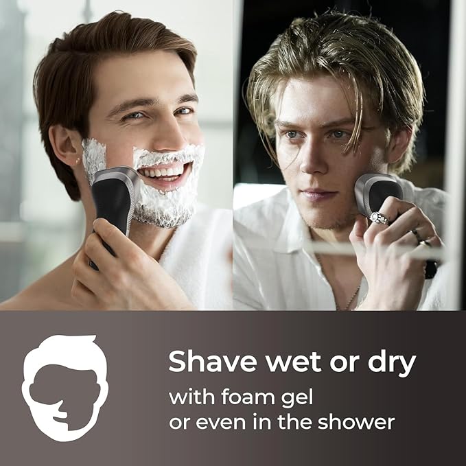Cordless Electric Razor for Men: 3-in-1 Shaver for Beard/Nose/Sideburns - IPX7 Waterproof Travel Kit - Turbo Speed & Precision Blades,Bright Silver