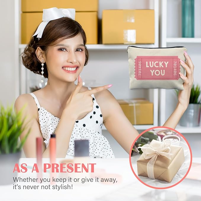 Preppy Girly Pink Makeup Bag for Women, Pink Lucky You Tickets Cosmetic Bag for Purse, Trendy Retro Makeup Zipper Pouch