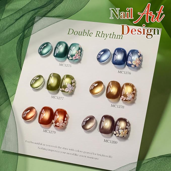 Double Rhythm Cat Eye Gel Nail Polish Set of 6 Same Color Same Bottle 0.5 Oz Shimmer Glitter with Magnet Holographic Reflective Magnetic UV Nail Polish Kit at Home (Green Navy Blue Black-T6-61)