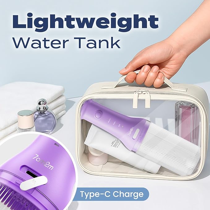 7AM2M Portable Water Flosser Cordless, Water Flosser for Teeth with 3 Modes and 2 Jet Tips, USB C Rechargeable, IPX7 Waterproof, Dental Water Flosser for Travel and Home Use (Purple)