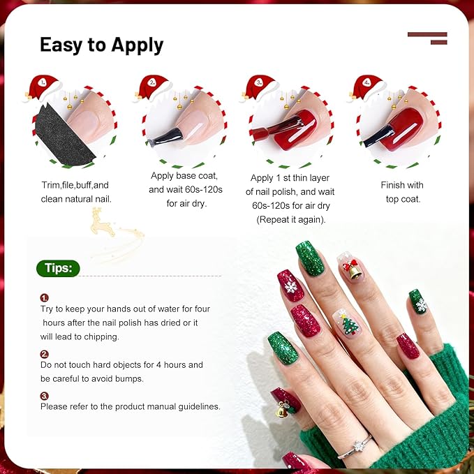 Christmas Nail Polish Set 10 Colors and Base Coat and Top Coat Red Green Glitter Gold Silver Nail Polish Kit Quick Dry Manicure Nail Art Manicure DIY Home Salon Gift for Women Girls