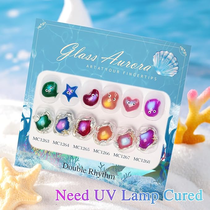 Double Rhythm Cat Eye Gel Nail Polish Set of 6 Same Color Same Bottle 0.5 Oz Shimmer Glitter with Magnet Holographic Reflective Magnetic UV Nail Polish Kit at Home (Glass Galaxy Green-T6-59)