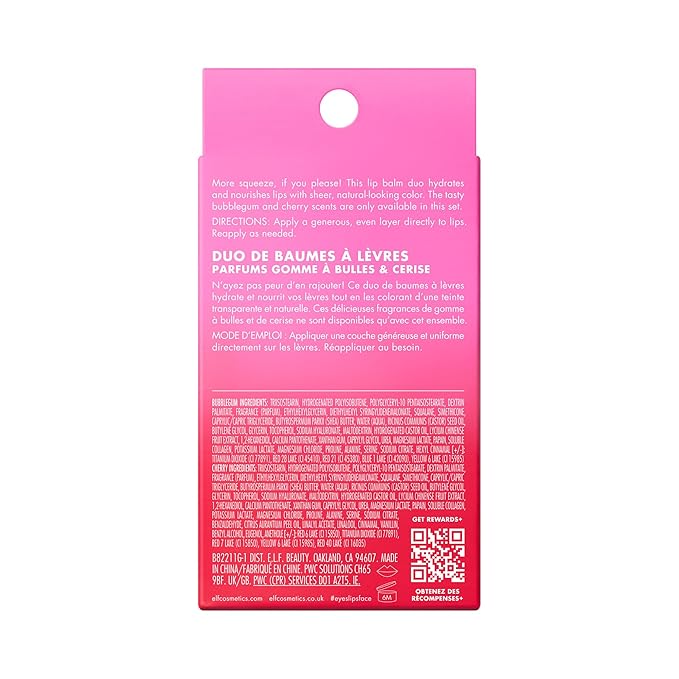 e.l.f. Squeeze Me More Lip Balm Duo, Moisturizing Balm For A Sheer Tint Of Color, Made With Hyaluronic Acid, Vegan & Cruelty-Free, Cherry & Bubblegum