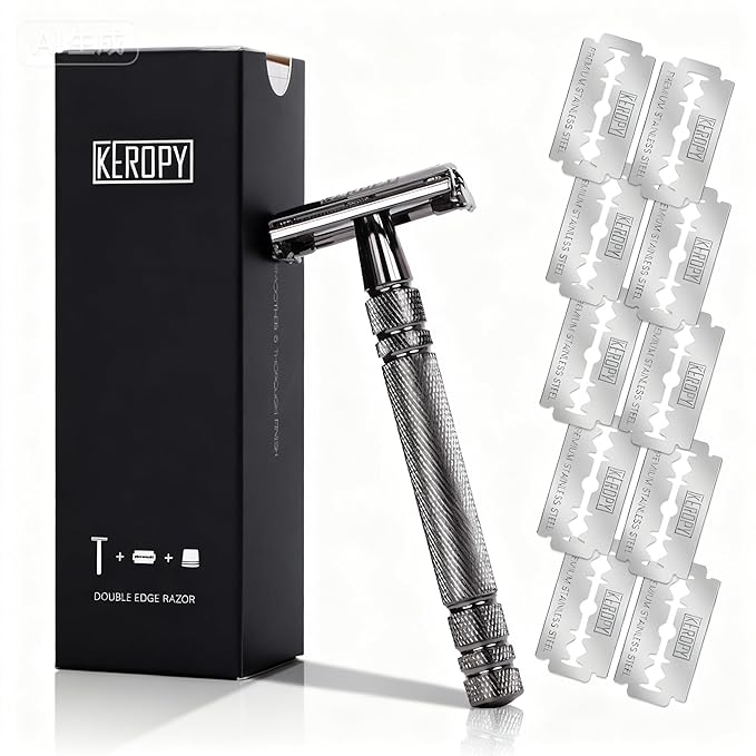 Double Edge Safety Razor for Men with 10 Blades - Christmas Stocking Stuffers for Men, Dad, Husband - Unique Holiday Gifts, Eco-Friendly Butterfly Open Razor for a Close Shave - Gloss Black