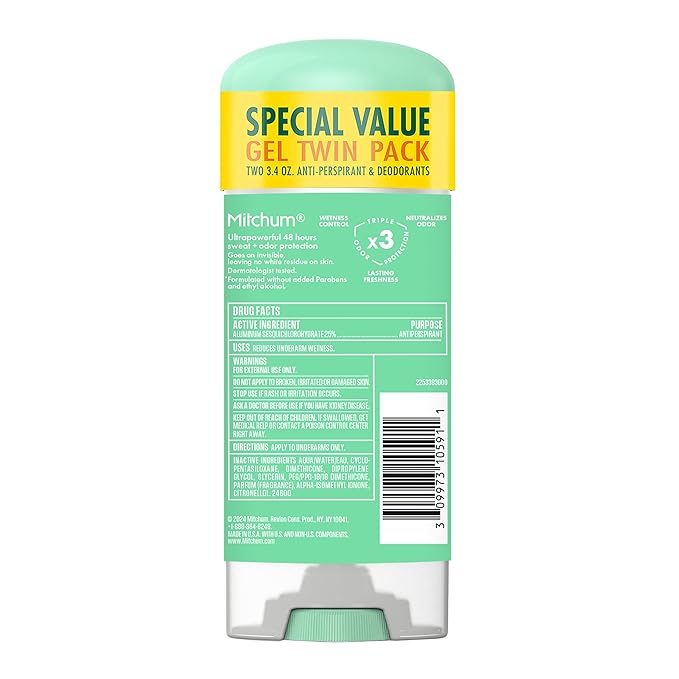 Mitchum Women’s Antiperspirant Deodorant Gel Stick, Shower Fresh Scent, 48HR Sweat & Odor Protection, Triple Odor Defense, Alcohol-Free, 3.4 oz (Pack of 2)