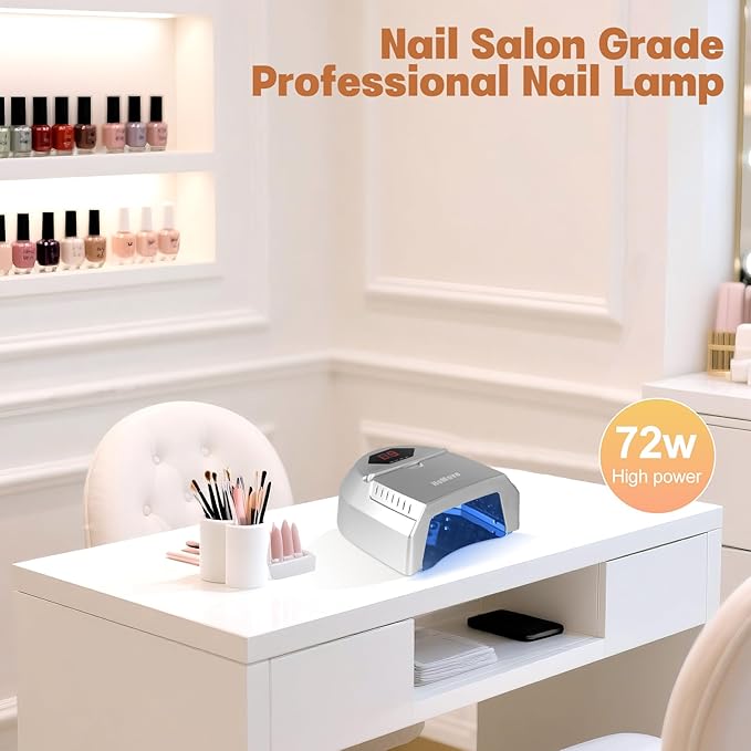UV LED Nail Lamp, 72W Cordless Nails Lamp with Fan Professional LED Nail Light for Gel Nails Nail Dryer with 45 Beads, Perfect for Salon Manicure, Pedicure(Silver)