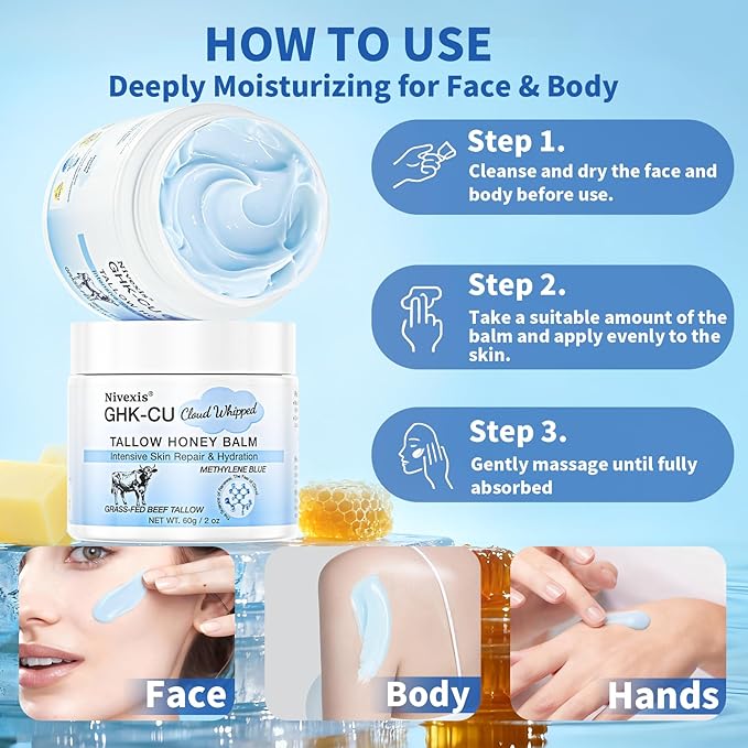 Methylene Blue Whipped Beef Tallow for Skin, Grass Fed Beef Tallow and Honey Balm for Face & Body, with Copper Peptides GHK-Cu Anti-Aging Moisturizer, Suitable for All skin types, 2 Oz