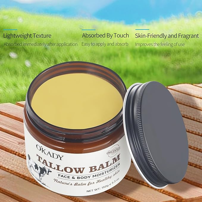 Beef Tallow for Skin - Grass Fed Beef Tallow with Butter,Honey,Jojoba Oil,Body & Face Moisturizer,Deep Nourishment for Dry,Cracked,Sensitive Skin - 5.3OZ