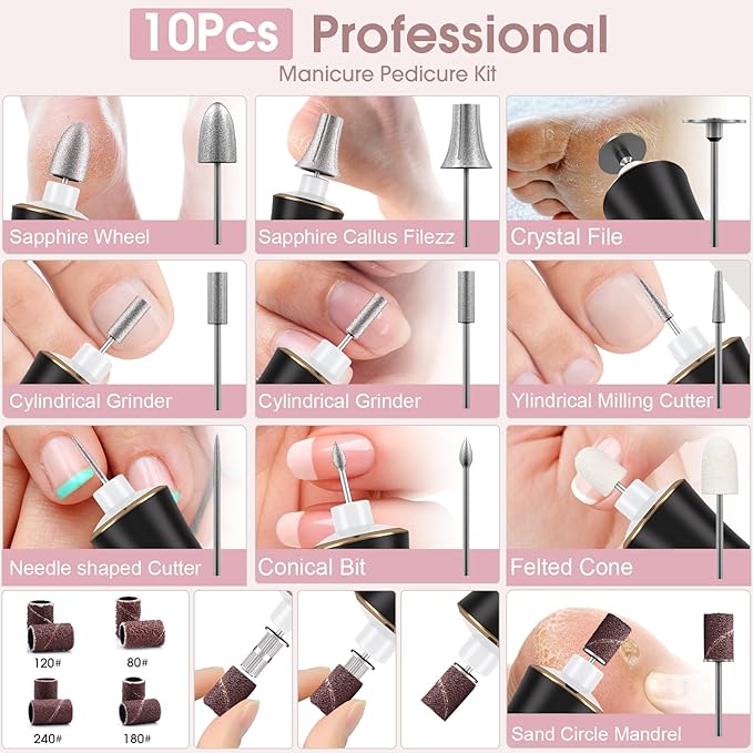 Electric Nail Drill, Professional Manicure Pedicure Kit, Cordless Electric Nail File Set, Rechargeable Pedicure Tools for feet, 10 Speeds Hand Foot Care Nail Drill for -360° LED Light Black