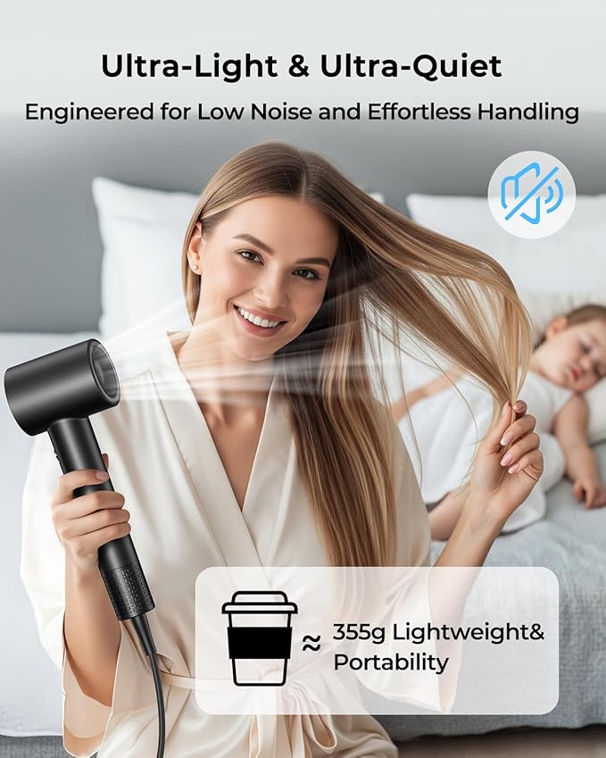 High Speed Hair Dryer 160000 RPM - Quiet Ionic Blow Dryer with Magnetic Diffuser and Concentrator, 500 Million Negative Ions, Lightweight, Thermo-Control Fast Drying Hairdryer for Home Travel Salon