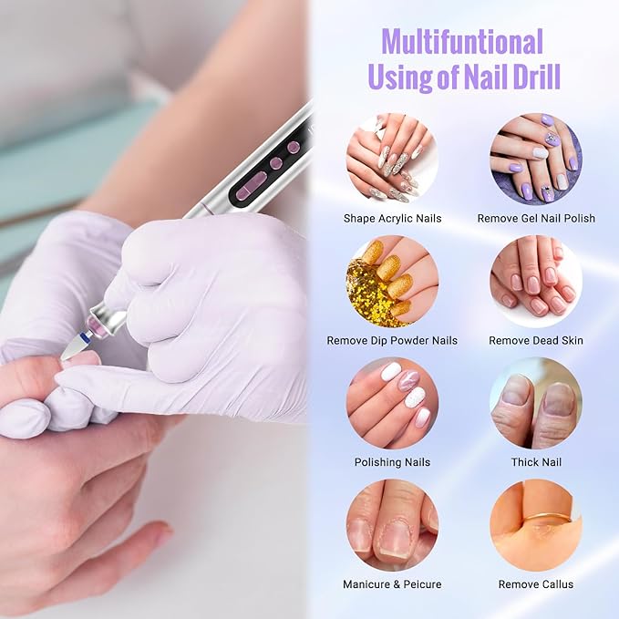 Cordless Electric Nail Drill Machine, 13 in 1 Nail File Kit 35000RPM Professional Portable Rechargeable E File for Acrylic Polish Gel Removal Manicure Pedicure Set with 5 Speeds DN-2402