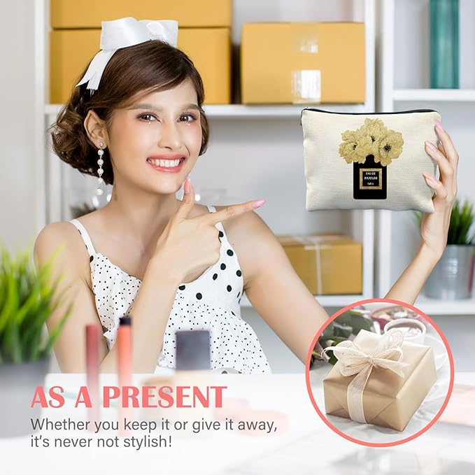 Trendy Black and Gold Makeup Bag for Women, Fashion Glitter Gold Floral Perfume Bottle Modern Aesthetic Cosmetic Bag for Purse, Girly Makeup Zipper Pouch