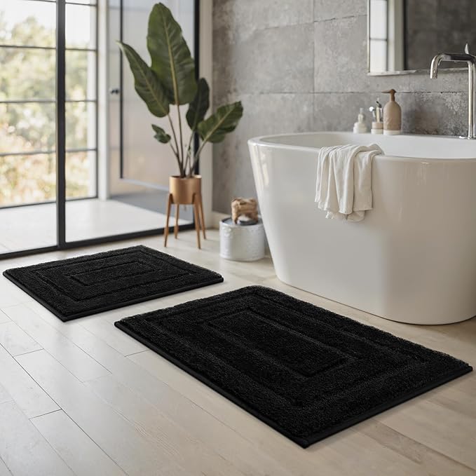 GRANNY SAYS Bathroom Rugs Sets 2 Piece,Soft Bath Mats for Bathroom, Bath Rugs Non Slip Washable, Absorbent Bath Rug for Tub, Shower and Toilet, Bath Mat Set (Black, 20" x 32" + 16" x 24")