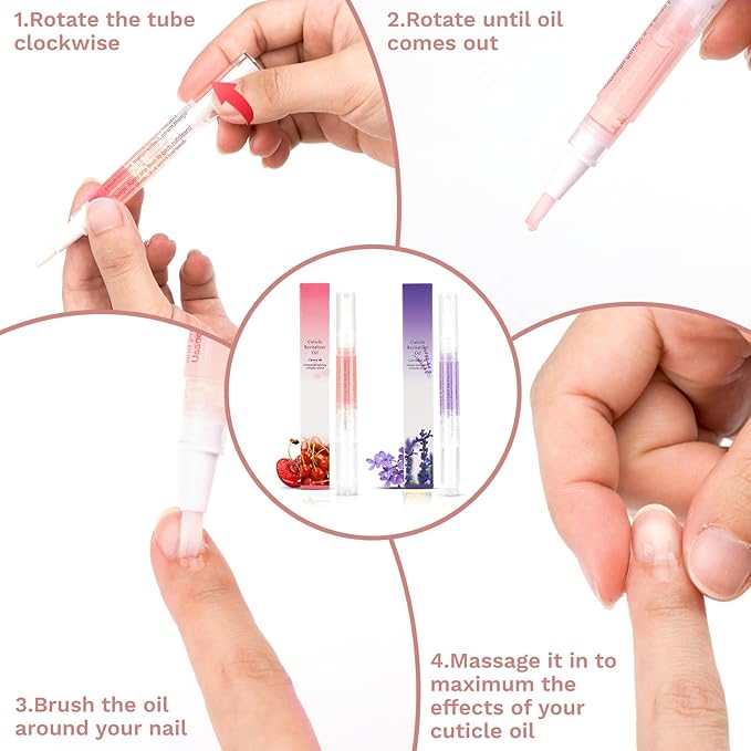 2PCS Cuticle Oil Pens for Nail Care,Cuticle Revitalizer Oil Pen with Soft Brush,Cuticle Oil to Prevent Nail Cracking and Dry (Cherry & Lavender Flavor)