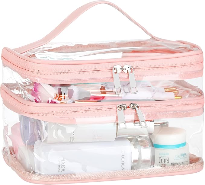 HAOGUAGUA Double Layer Clear Cosmetic Bag Makeup Bag, Waterproof Travel Toiletry Bag, Transparent PVC Pouch Organizer (Pink Large)