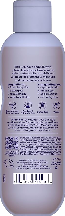 eos Cashmere Body Oil, Vanilla Cashmere, 24 Hour Moisture, Plant-Based Squalane to Soothe, Soften And Smooth Dry Skin, Body Oil, 6 fl oz