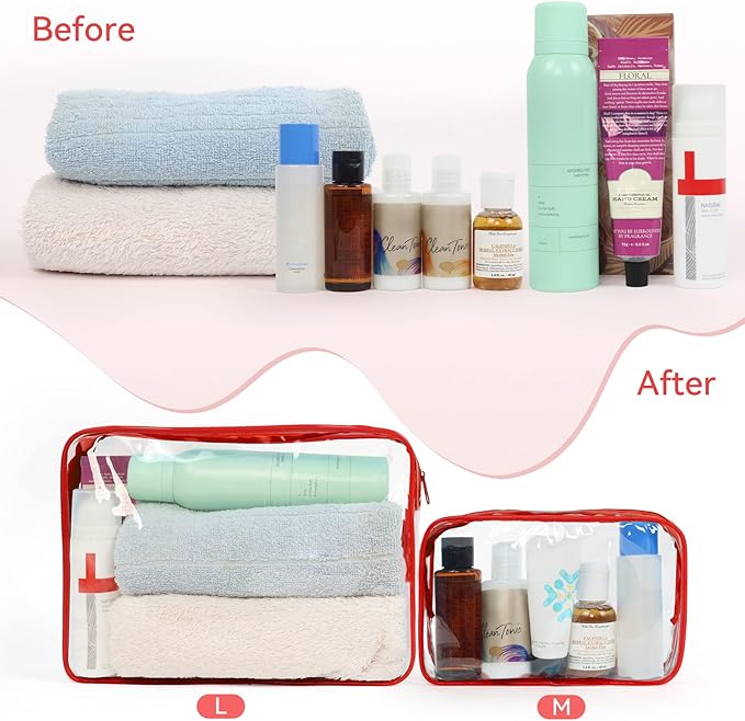 TISRATOK 12 PCS Clear Makeup Bag for Women with Zipper, TSA Approved Toiletry Pouch, Cosmetic Bag Bulk for Travel Organizer Essentials - Red, Medium
