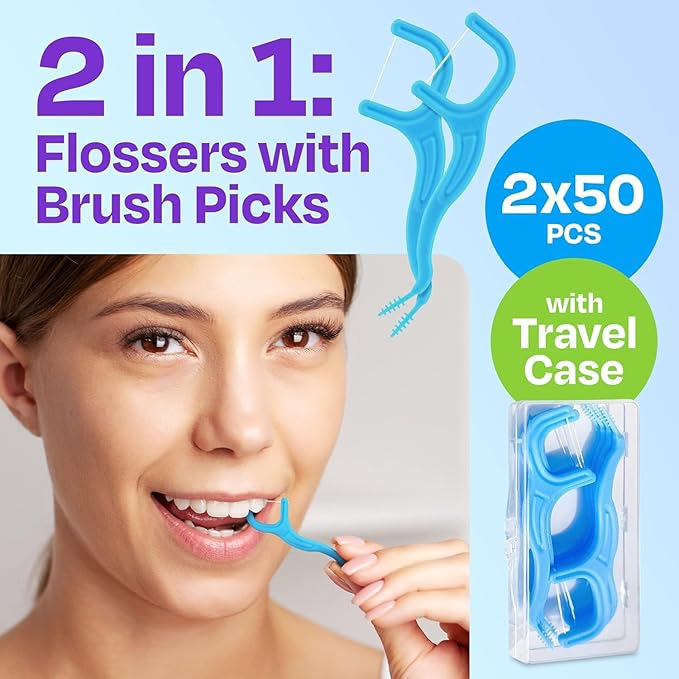 Trueocity Dental Flossers Brush Picks 2 Pack w/Travel Case (100 Total Count), Dental Floss Glides Easy, Flosser Helps Prevent Tooth Decay & Gum Disease, Easy Grip, Flossers for Adults, Mint Flavored