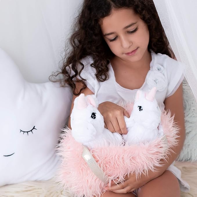 Perfectto Design Unicorn Toy for Girls Age 3, 4, 5. 4 PCS Set - Mommy Baby Stuffed Animal, Bag and a Doll Blanket. Unicorn Gift for 3-6 Year Old Girl Birthday or Christmas. (White Pink)