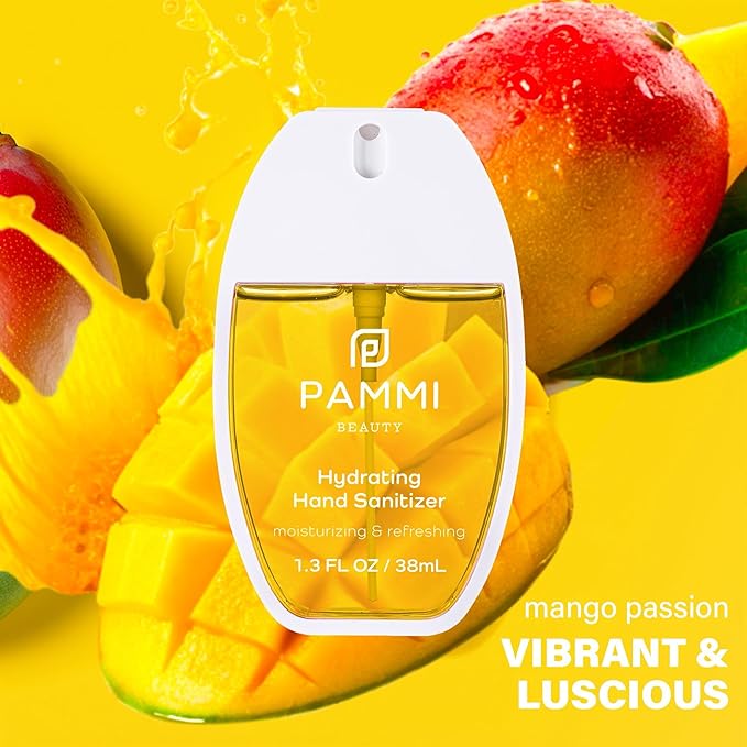 PAMMI Power Mist Hydrating Hand Sanitizer Spray, Portable Travel Size Pocket Hand Sanitizer, Scented Handsanitizer Mini Spray For Car - 600 Sprays (2 Packs (Mango))