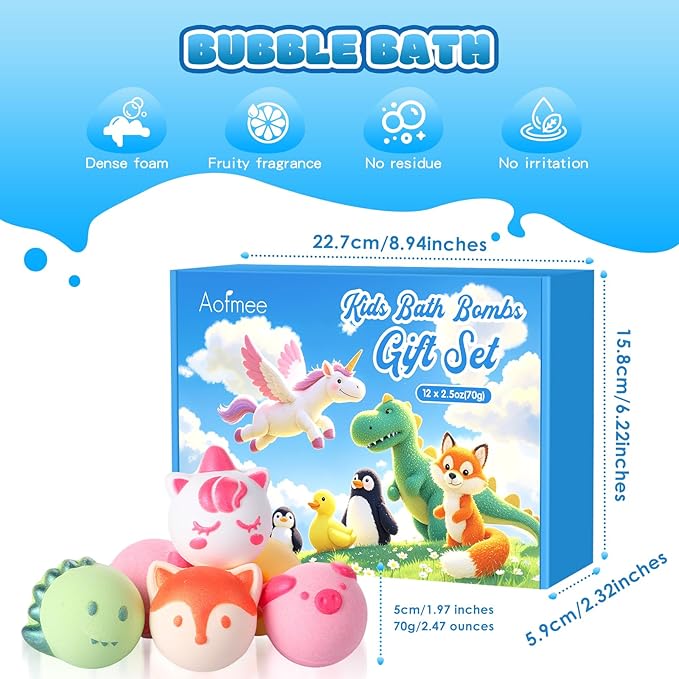 Aofmee Bath Bombs for Kids, 12 Pcs Kids Bath Bombs with Essential Oil, 6 Animal Shapes and Fruity Aroma, Natural Organic Spa Gift Set for Boys Girls, Birthday Christmas Halloween