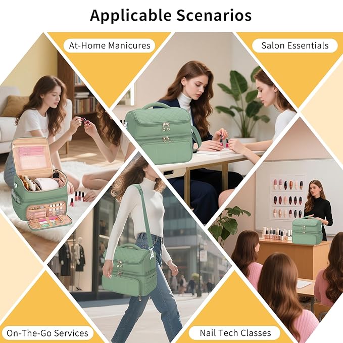 Nail Polish Organizer, Nail Organizers And Storage Bag Holds 48 Bottles & Full Size Nail Lamp, Double Layer Nail Tech Travel Case for Nail Supplies & Manicure Kit & Pedicure Tools (Green, 48 Slots)