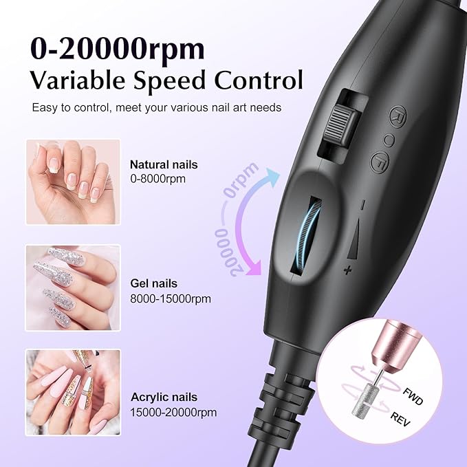 COSLUS Electric Nail Drill File Professional: for Acrylic Gel Dip Powder Nails Portable Nail Machine Kit Manicure Pedicure Tools Polishing Set with Nail Drill Bits Sanding Bands
