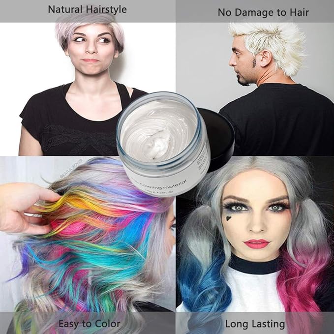 White Hair Color Wax, Natural Hairstyle Wax 4.23 oz, Temporary Hairstyle Cream for Party, Cosplay, Halloween, Daily use, Date, Clubbing (White)