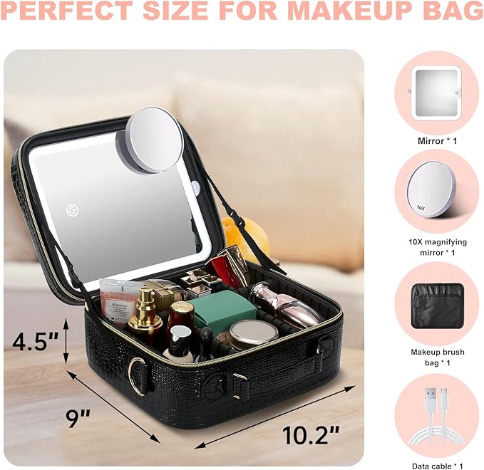 Mocado Travel Makeup Bag with LED Lighted Mirror, Travel Makeup Organizer, Makeup Case with 3 Color Lighted Setting and 10x Magnifying Mirror, Portable Storage and Adjustable Dividers (Crocodile)