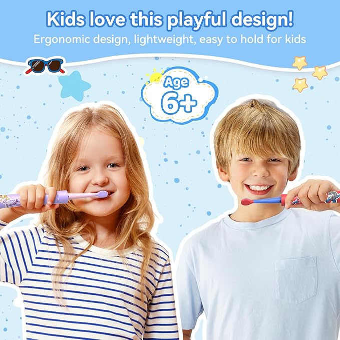 JTF Kids Electric Toothbrush Rechargeable: Sonic Tooth Brush with Smart Timer 5 Brushing Modes 4 Soft Small Brush Heads DIY Sticker and IPX7 Waterproof, Portable Children Toothbrushes for Boy, Ages 3+