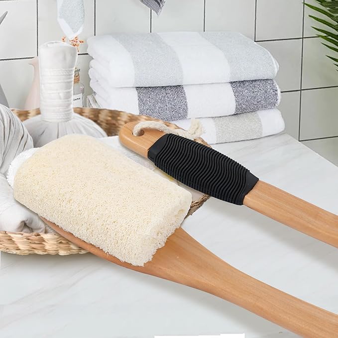 OWIIZI Back Loofah Scrubber Brush with Long Handle, Hard Loofa Sponge Body Bath Scrubber for Shower, Natural Luffa Skin Exfoliating On a Stick for Men Women Elder