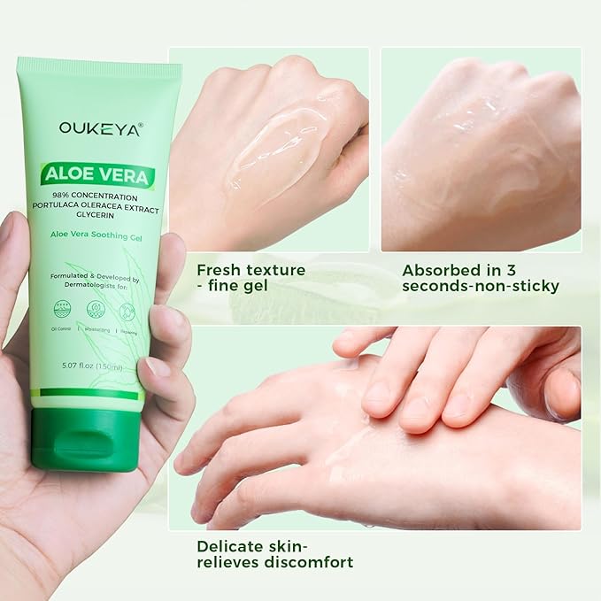 OUKEYA Aloe Vera Gel – Soothing, Hydrating, and Nourishing for Face & Body 5.07 Fl Oz | 98% Natural Aloe Vera, Pure & Organic for After Sunburn Relief, Skincare & Hair Hydration, Calming Moisturizing