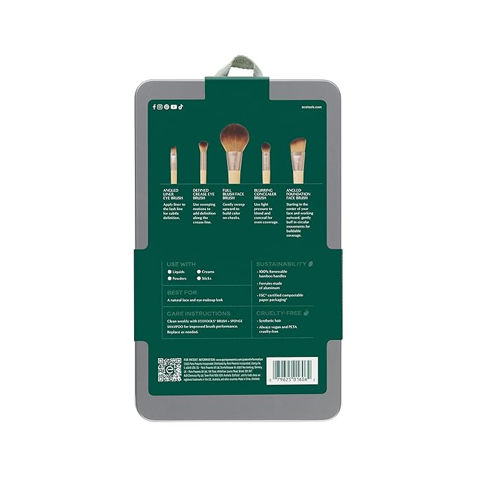 EcoTools Makeup Brush Set for Eyeshadow, Foundation, Blush, and Concealer with Bonus Storage Case, Start the Day Beautifully, Travel Friendly, 6 Piece Set