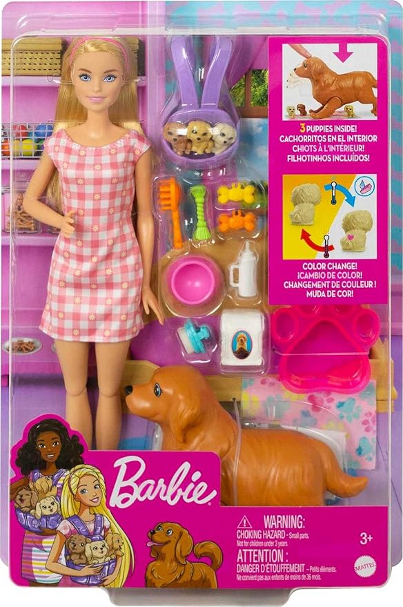 Barbie Doll & Pets Set, Blonde with Mommy Dog, 3 Newborn Puppies with Color-Change Feature & Pet Accessories