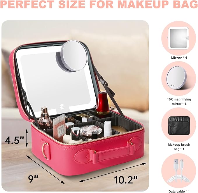 Mocado Travel Makeup Bag with LED Lighted Mirror,Travel Makeup Organizer,Makeup Case with 3 Color Lighted Setting and 10x Magnifying Mirror,Portable Storage and Adjustable Dividers Makeup Box(Red)