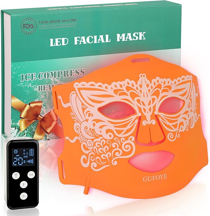 Red Light Therapy for Face Mask with Ice Compress, 850nm Infrared Red Light Therapy, 7+1 Light Modes Led Face Mask Light Therapy, Level 5 Timing, 3000mAh, Led Mask Light Therapy for Home, Orange