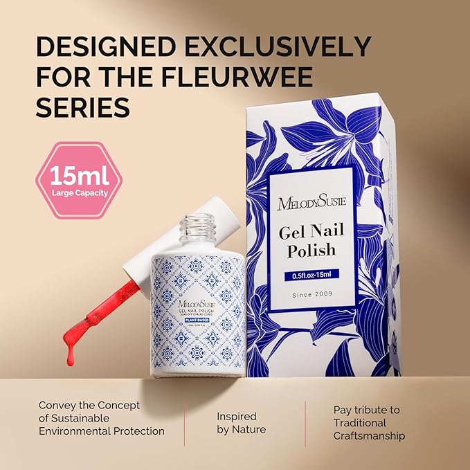 MelodySusie Fleurwee Plant Based Gel Nail Polish, Hema Free Glitter Red Nail Polish, Soak Off UV LED Gel Polish Gift for Women 21 Non Toxic Long Lasting Nail Art Manicure Salon DIY at Home P38