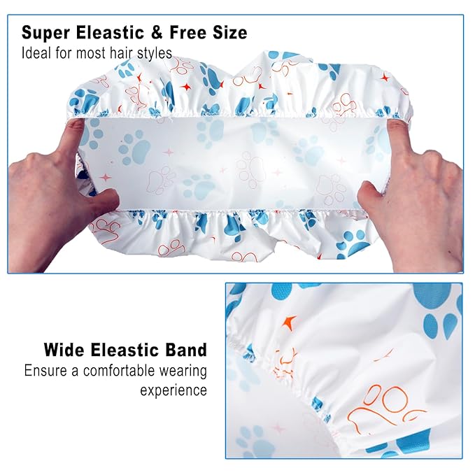 6 PCS Shower Caps for Women, Double Side Waterproof Shower Cap, Reusable Elastic Bath Caps for Shower, EVA Bathing Shower Caps, Bath Hair Caps - Paw