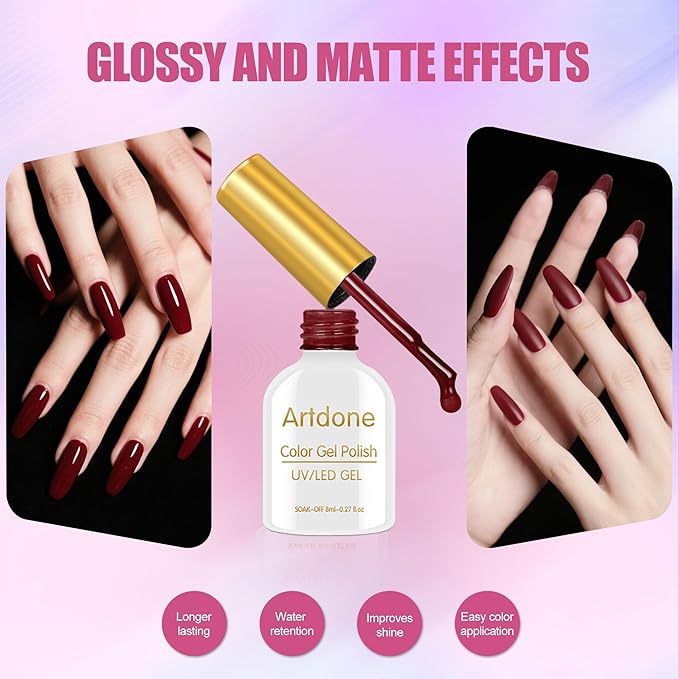 Artdone Sheer Gel Nail Polish Set Jelly UV Gel 6 Colors Translucent Milky White Pink Nude Brown Colors Nail Polish For All Seasons (Soild-Pink And Red)