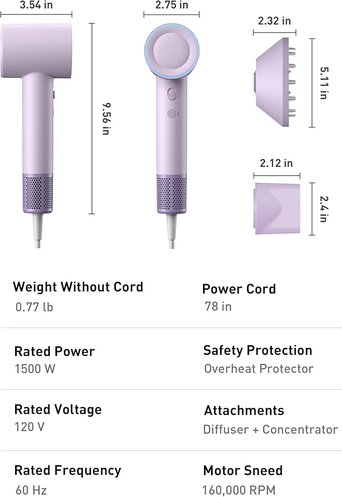 High-Speed Hair Dryer, 160,000 RPM Brushless Motor for Ultra-Fast Drying,500M Ionic Negative for Frizz Reduce, Low Noise Thermo-Control Blow Dryer with Diffuser for Curly Hair Women and Men,Purple